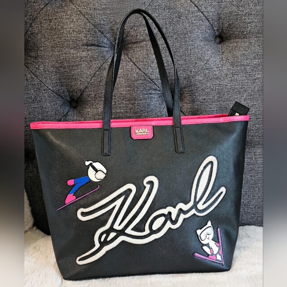 Karl Lagerfeld Paris Ski Tote Bag Black Pink Choupette Large Shopper Bag